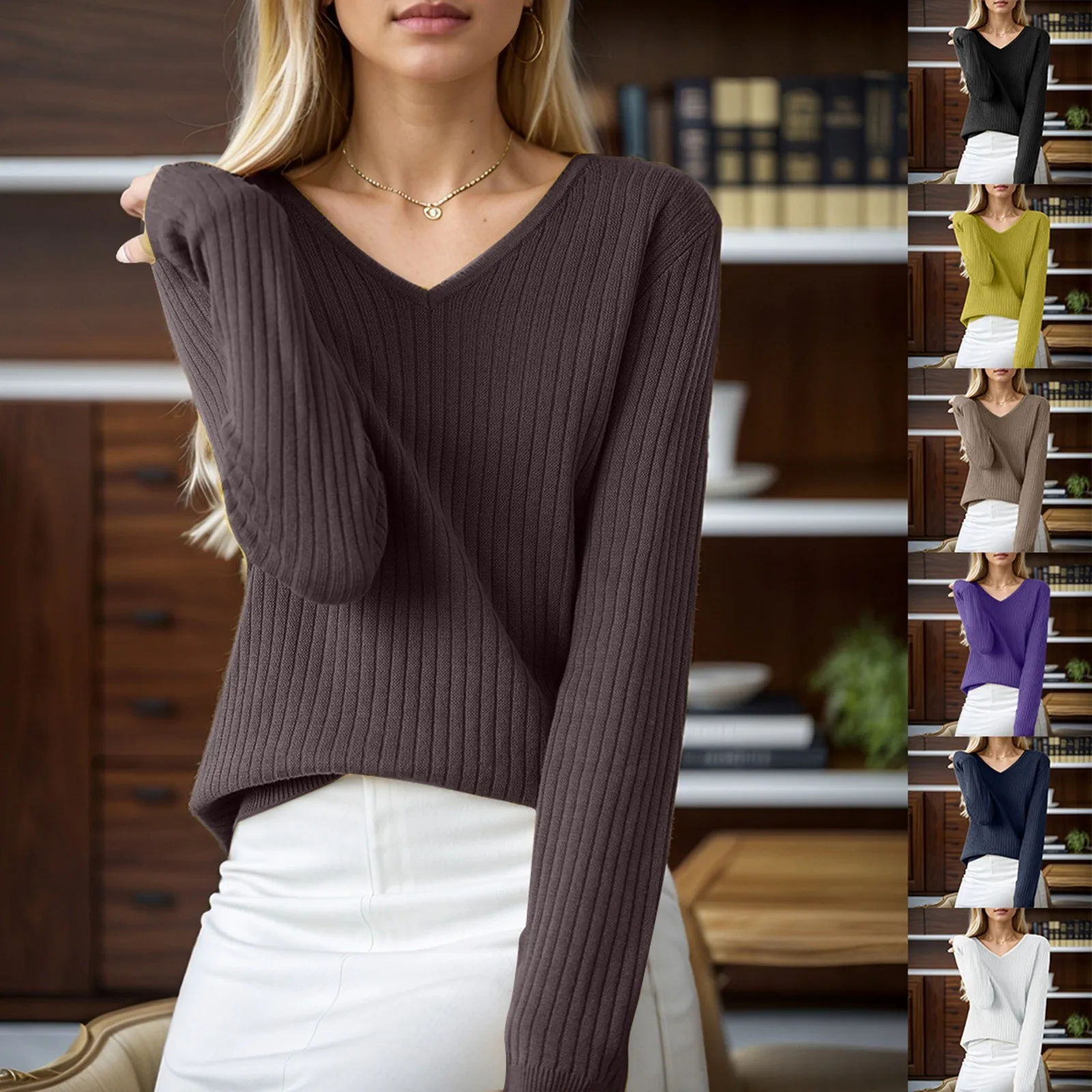 Новинка 2024 женские свитера повседневные однотонные джемперы с v-образным вырезом