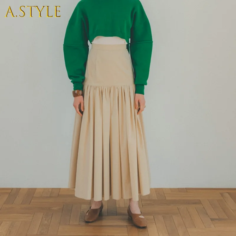 

A Girls Harajuku Pleated Skirt Women High Waist Solid Coloor Big Swing Soft Jupe Femme A-line Mid Calf All-match Faldas Mujer