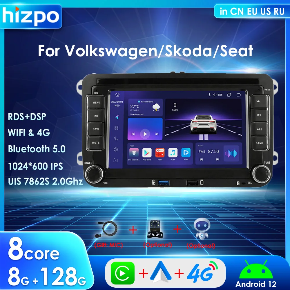 

Hizpo Android Carplay for Volkswagen Skoda Seat Octavia Golf Passat Polo Tiguan 2 Din Car Radio Multimedia Player GPS 4G RDS DSP