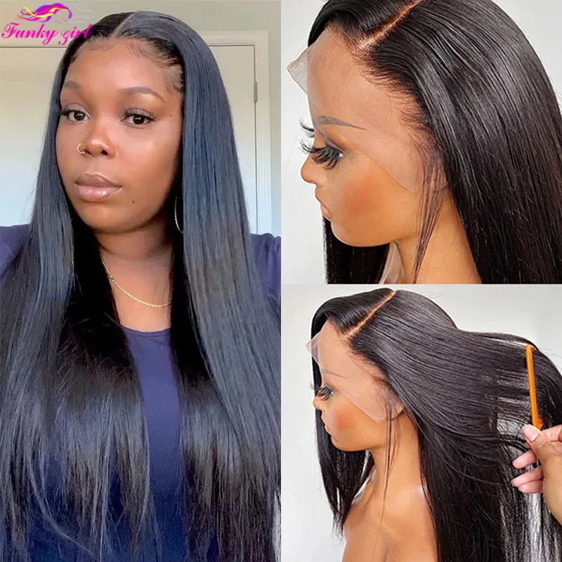Funky Girl Straight 28 30 Inch Transparent 13x4 Lace Front Human Hair Wigs for Black Women Brazilian Remy Straight 180% Density