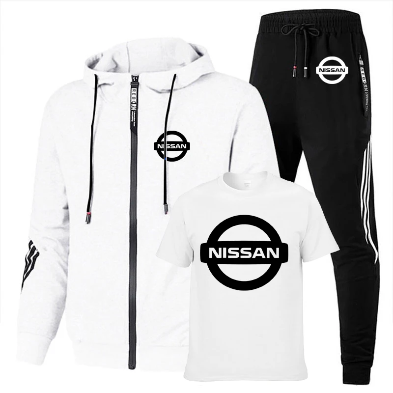 

Men's jackets Nissan car logo Spring Autumn Printed high quality stripe cotton Men's sweatshirt+T-shirt+sports pants 3-piece set