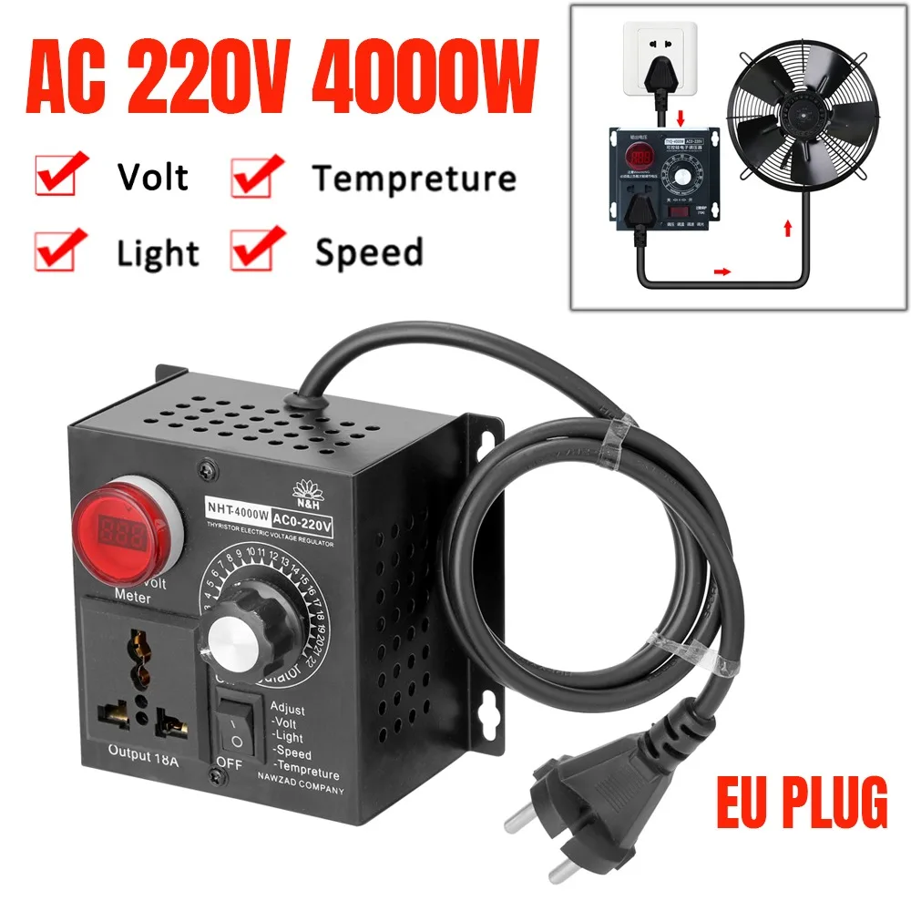 

Adjustable Voltage Regulator 220V 4000W AC Motor Speed Controller Temperature Dimmer Compact Variable Voltage Controller