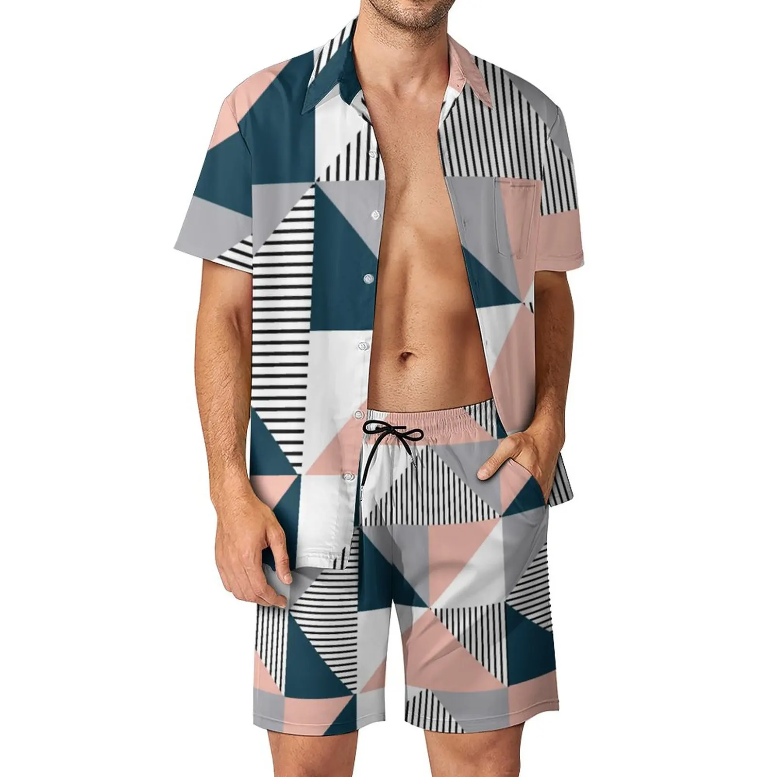

Nordic Lines Men Sets Abstract Colorful Geometry Casual Shirt Set Trendy Vacation Shorts Summer Suit 2 Piece Plus Size
