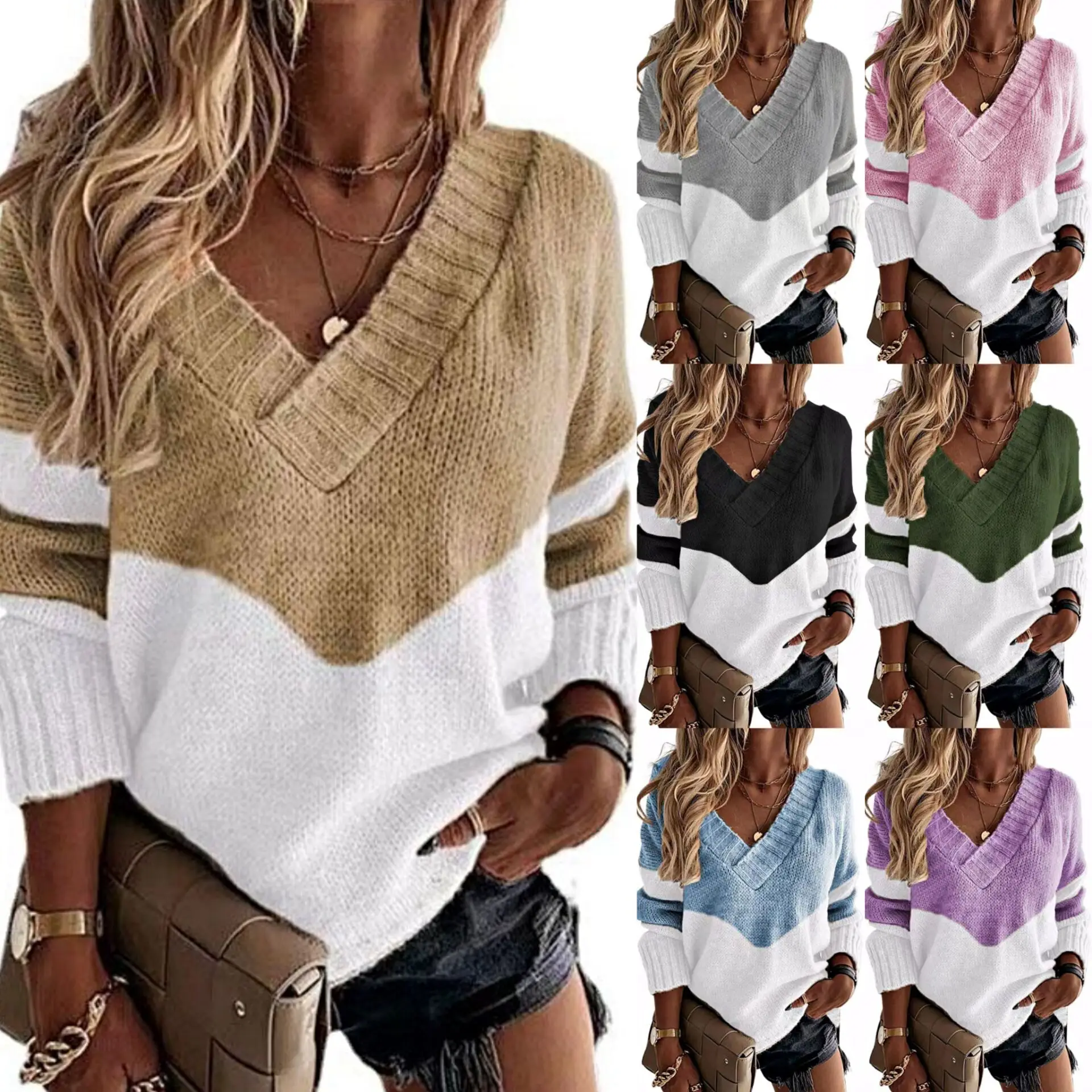 

Autumn and Winter 2022 New Women's Pullover Knitwear V-neck Color Contrast Casual Women's Sweater Pullover Knitting