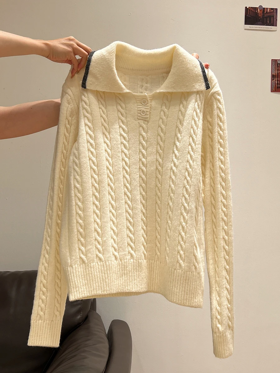 New Polo Collar Contrast Color Twist Knit sweater Women 2024 Autumn and Winter Inner wear Elegant Sweet Slimming Soft Glutino...