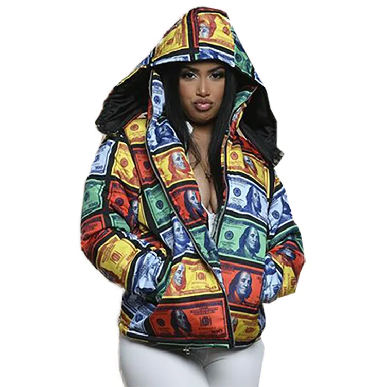 2022 Street Hipster Banknote Print Down Jacket Zip Top Jacket Jaqueta Feminina
