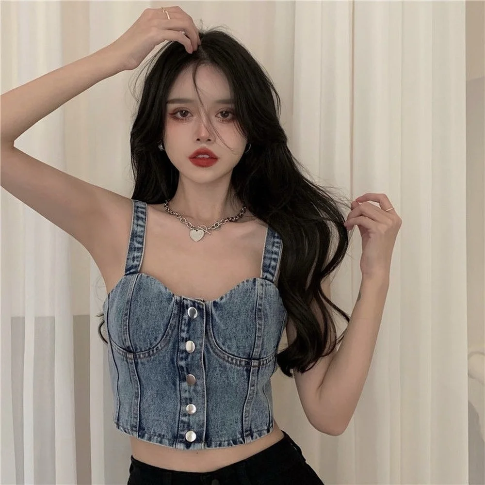 

Fashion Blusas De Tirantes Mujer Sexy Jeans Women's Button Bustier Bra Night Club Party Cropped Top Vest Denim Bustier Tops