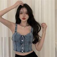 fashion blusas de tirantes mujer sexy jeans womens button bustier bra night club party cropped top vest denim bustier tops