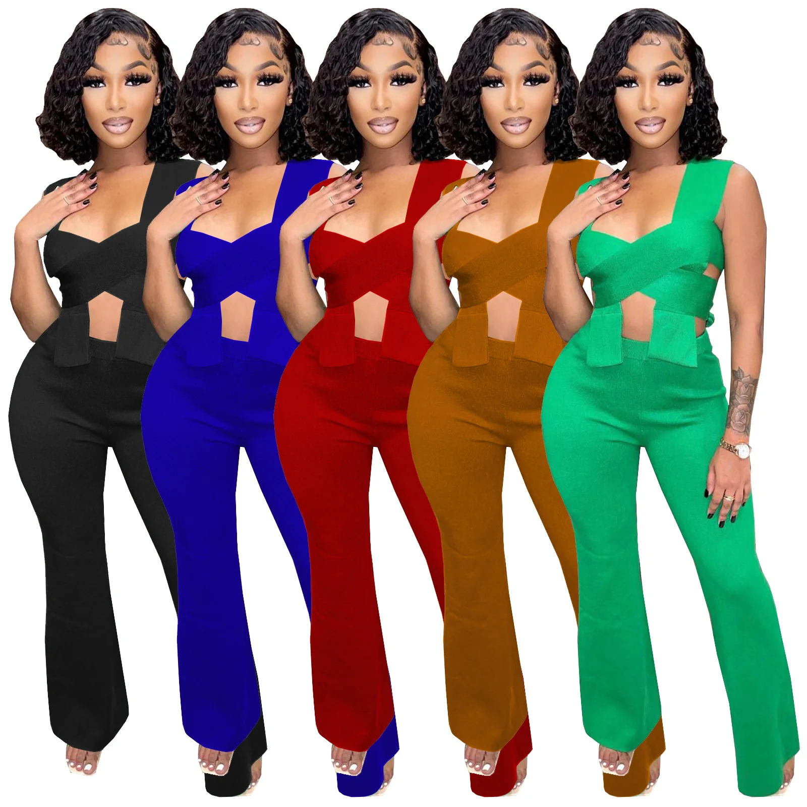 

2022 Backless sexy nightclub party dress Club women's dress irregular shawl sleeveless winding knot fashion sexy 2-piece set