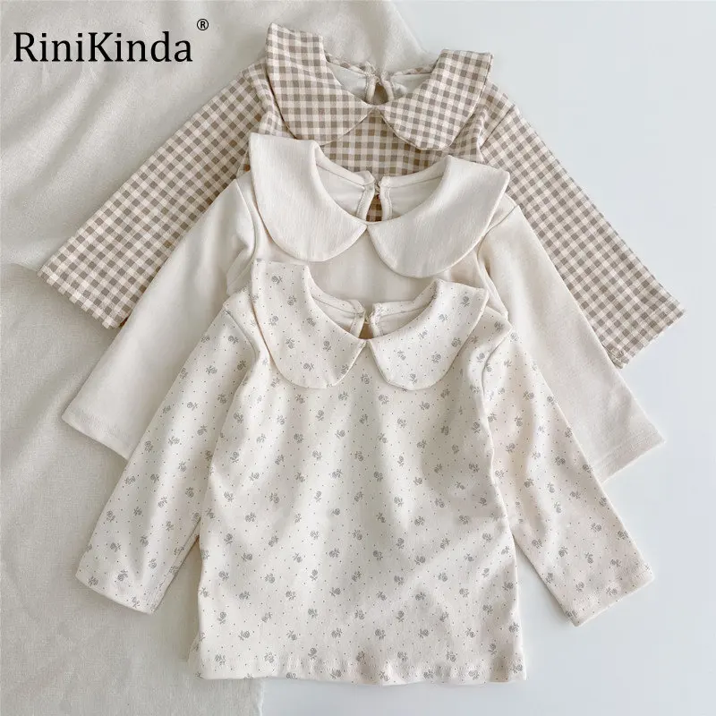 

RiniKinda Cotton Spring Baby Girls Clothes T Shirts Autumn Turn Down Collar T Shirt for Kids Long Sleeve T-shirt Baby Girls Tops