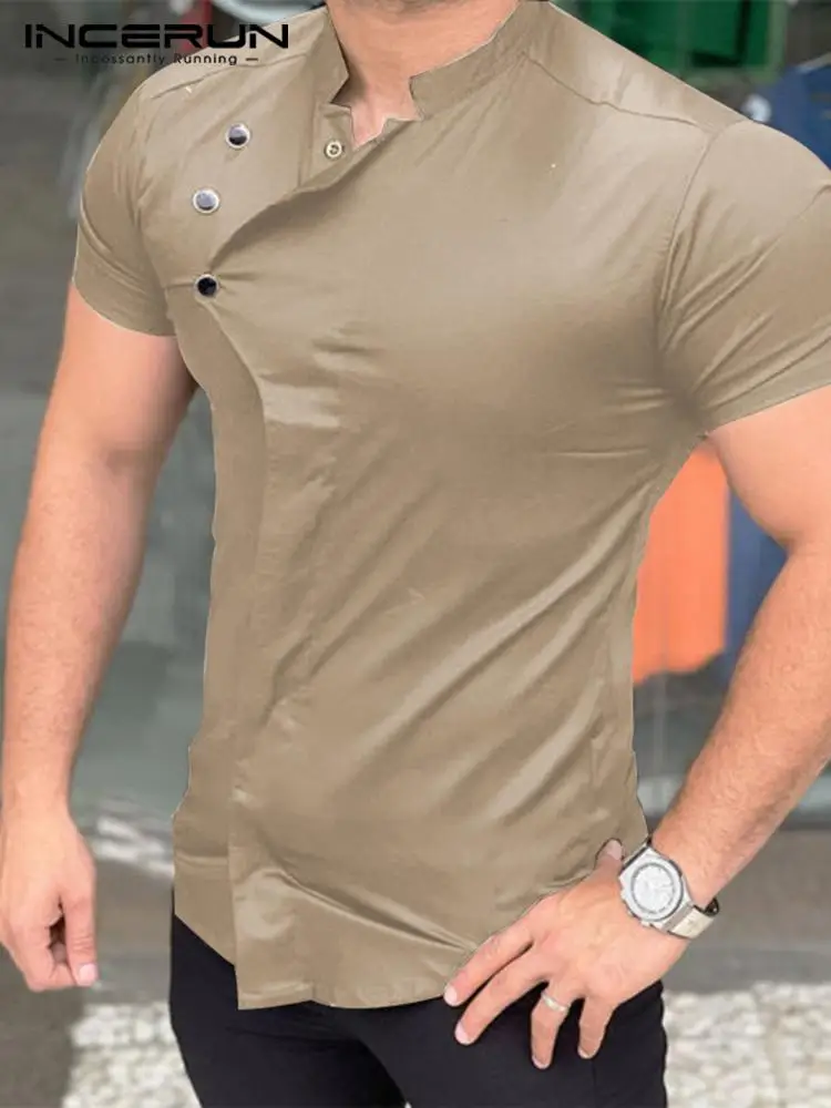 

INCERUN Men Shirt Solid Color Stand Collar Short Sleeve Streetwear 2022 Button Casual Men Clothing Vintage Irregular Tops S-5XL