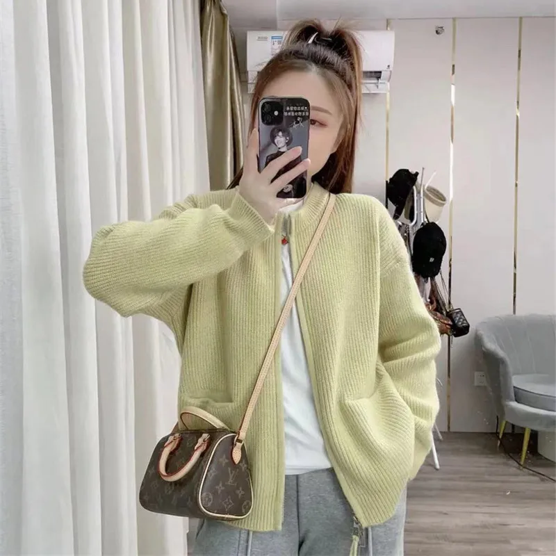 

Design sense double zipper knit cardigan women's autumn and winter new style candy color soft sticky sweater jacket women