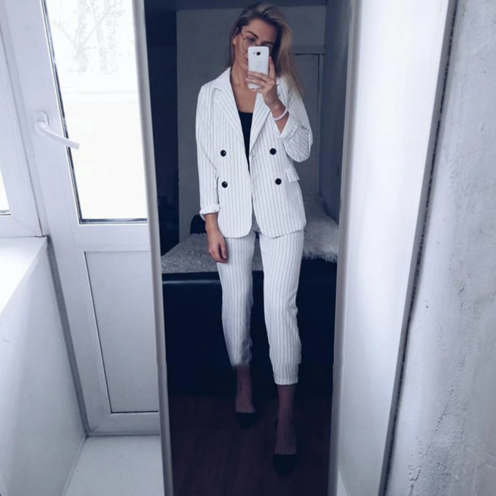 2023 New Fashion Pant Suits 2 Pcs Set for Women Kостюм женский Double Breasted Striped Blazer Jacket & Trouser Office Lady Suit