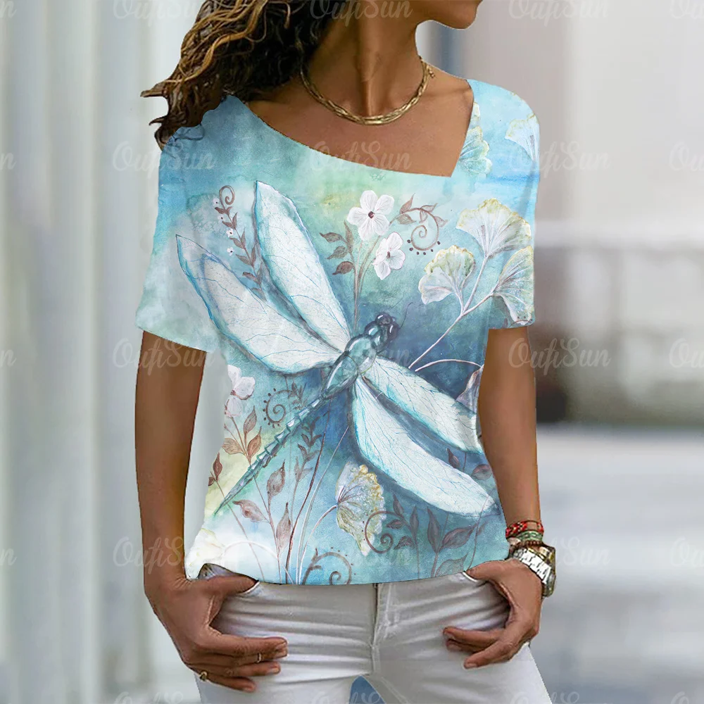 

Vintage Women T-Shirt Dragonfly Painting Print Street V Neck Short Sleeve Summer Daily Gradient Top Casual Wear Female Clothes