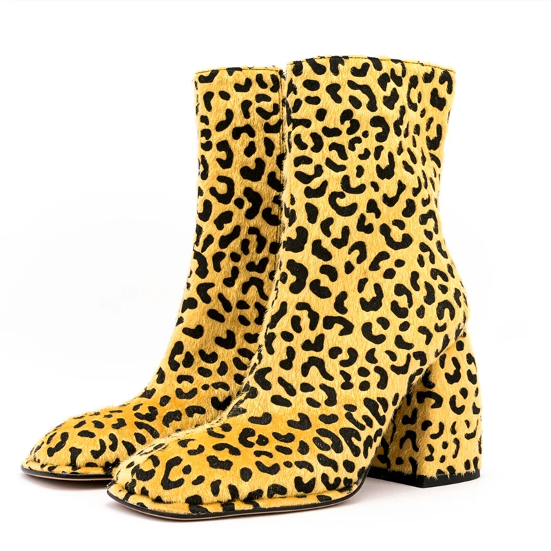 Big Size 43 Yellow Cheetah Print Shoes Women Boots Square Toe Faux Fur Upper Sexy High Heel Booty Ankle All Seasons