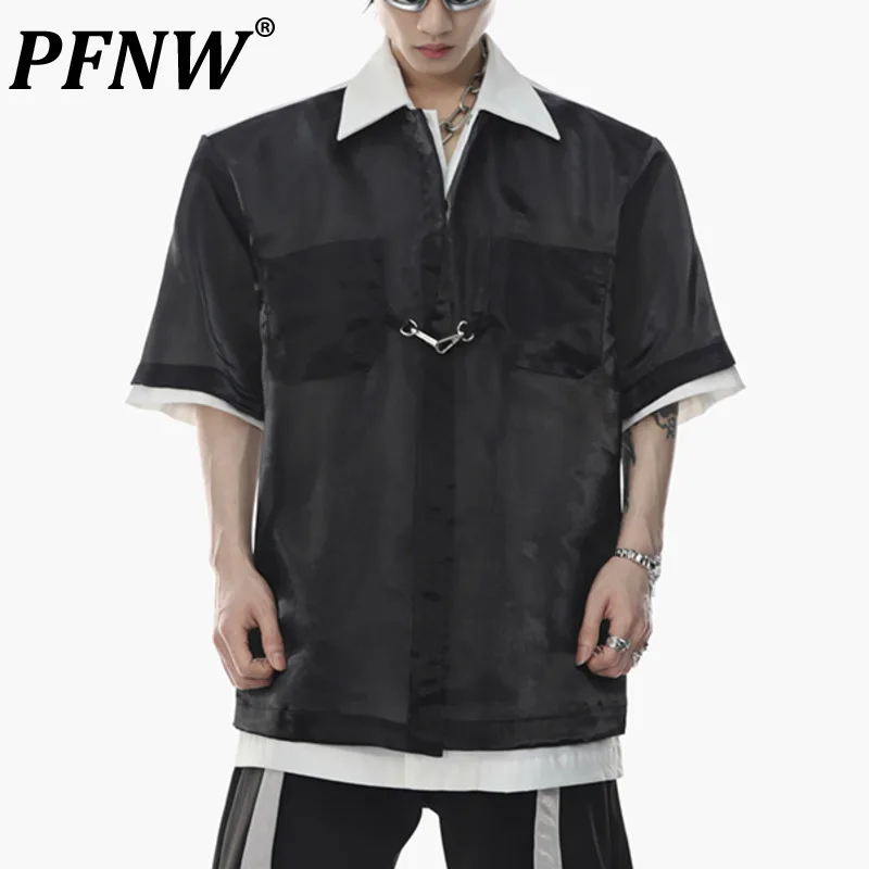 

PFNW Men's Personality Shirts Fashion Double Layered Niche Design Short Sleeve Tops Flowing Shoulder Pad Cardigan Simple 9C191