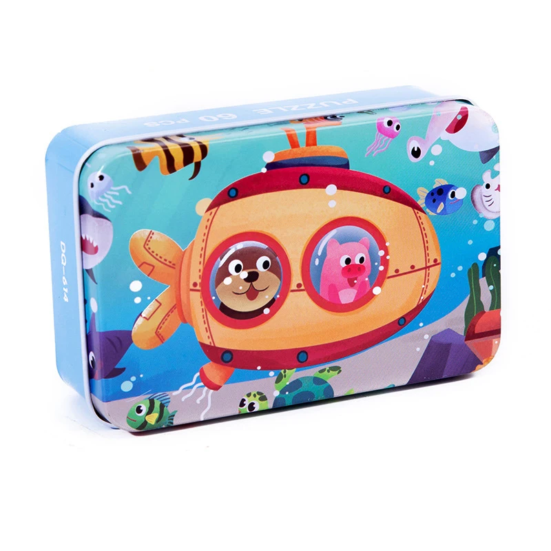 

60 Pieces Kids Cartoon Animation Wooden Jigsaw Puzzles Gift for Children Early Education Submarine Toddler Toys with Iron Box