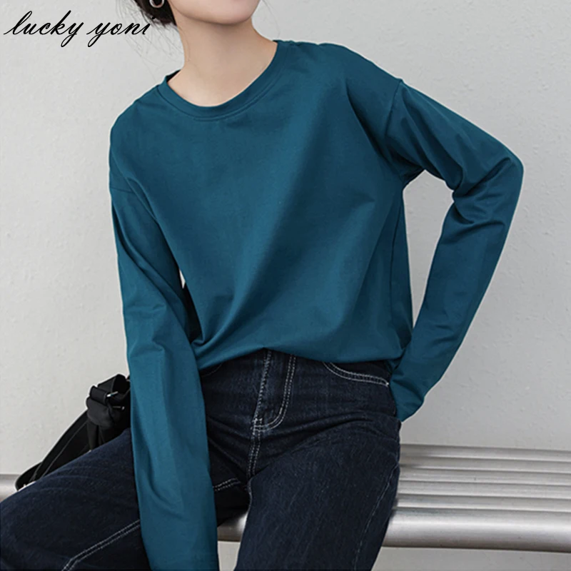 

Футболка Yoni Женская с длинным рукавом, модная свободная простая однотонная Базовая рубашка с круглым вырезом, Повседневная Уличная одежда, ...