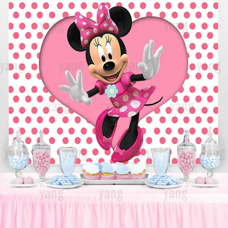 

Disney Pink Lovely Minnie Mouse Theme Party Backdrop Cartoon Decoration Girls Birthday Party Pink Glitter Photography Background