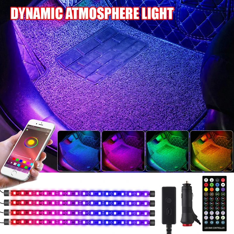 

72 светодиода, внутреннее освещение автомобиля, динамическая неоновая светодиодная полоса, фонасветильник с дистанционным управлением, дек...