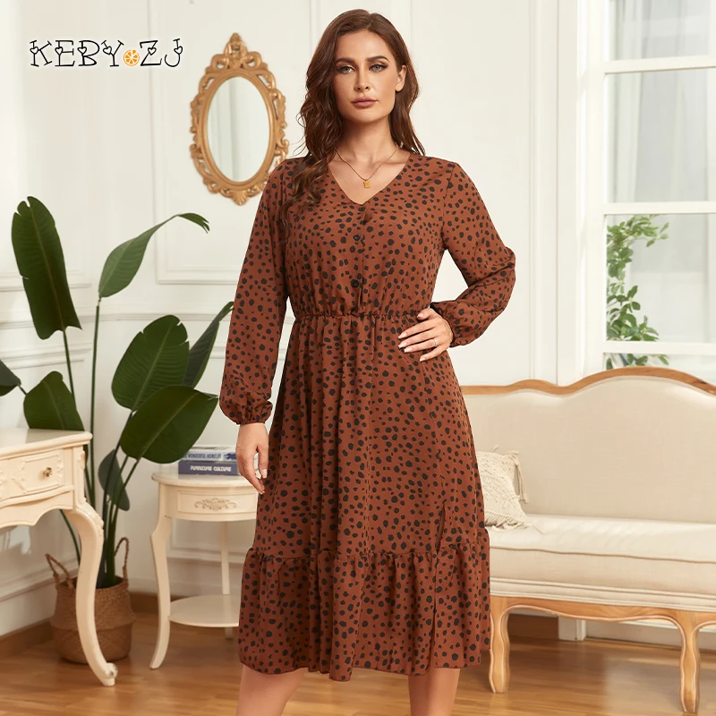 

KEBY ZJ 3XL 4XL Plus Size Dress Women Autumn V Neck Lantern Sleeve Leopard Print Casual Dress Ruffles High Waist Long Dresses