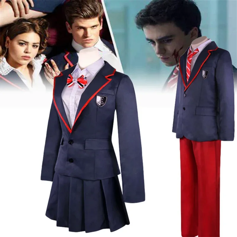 Cosbao TV Series Elite Las Encinas Темно-синий униформа Костюм Рубашка Юбка Плиссированный