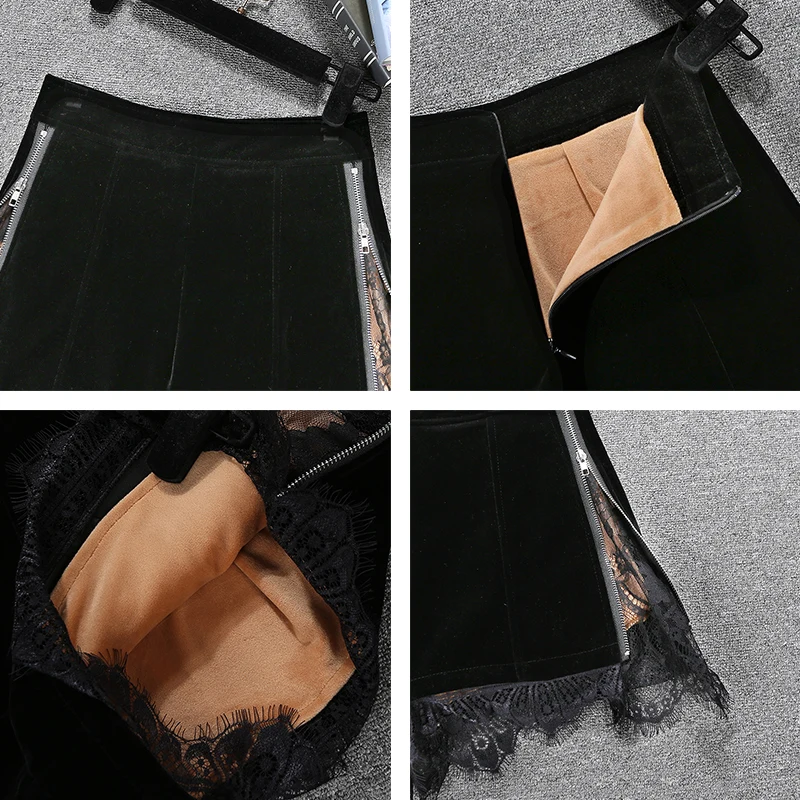 2021 Spring Summer Women New Lace Edge High Waist Slim Western Style A-Line Shorts Female Velvet Zipper Wide Leg Shorts Black