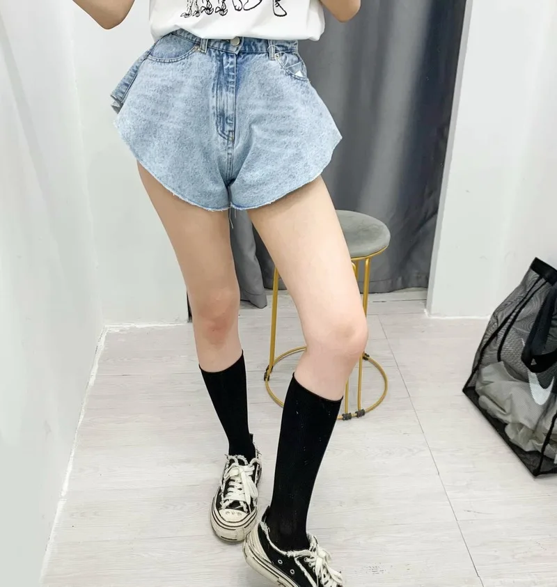 High Waist Ruffle Hem All-Match Loose Ruched Shorts Female New Fashion Clothing Tide 2023 Summer Casual Blue Denim Shorts Skirts