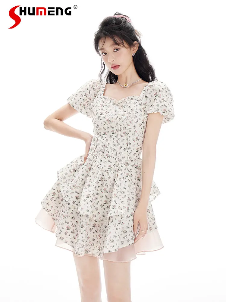 Original Sweet Slimming Waist Floral Bowknot Short Dress 2023 Summer New High-end Princess Ladies Bow Tie Short Sleeve Dresses