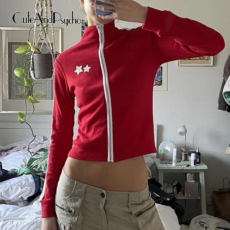 

Cuteandpsycho Chic Star Print Jackets Vintage Casual Side Striped Slim Coats Streetwear Zip Up Fashion Long Sleeves Clothes