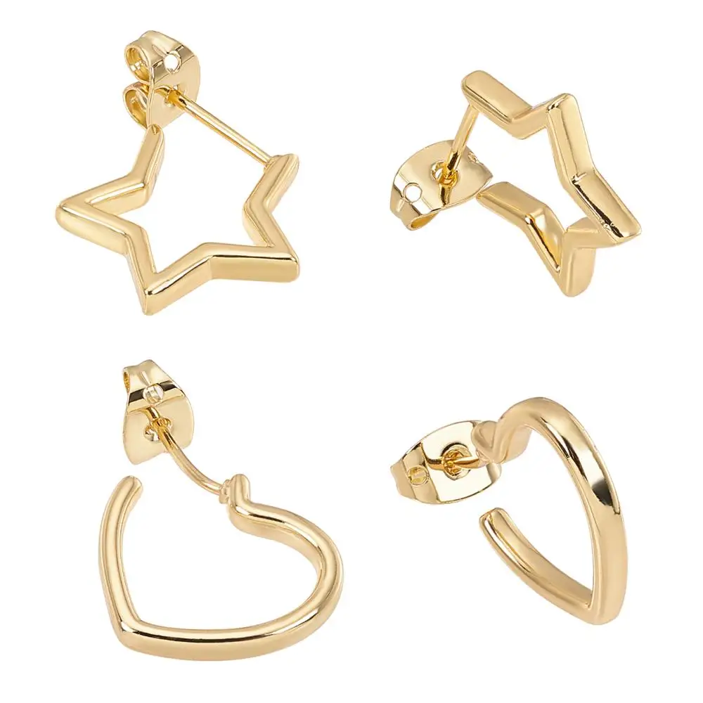 

8pairs/box Simple Cute Star Heart Shape Open Ear Studs 18K Gold Plated Brass Stud Earrings Women Handmade Jewelry Accessories