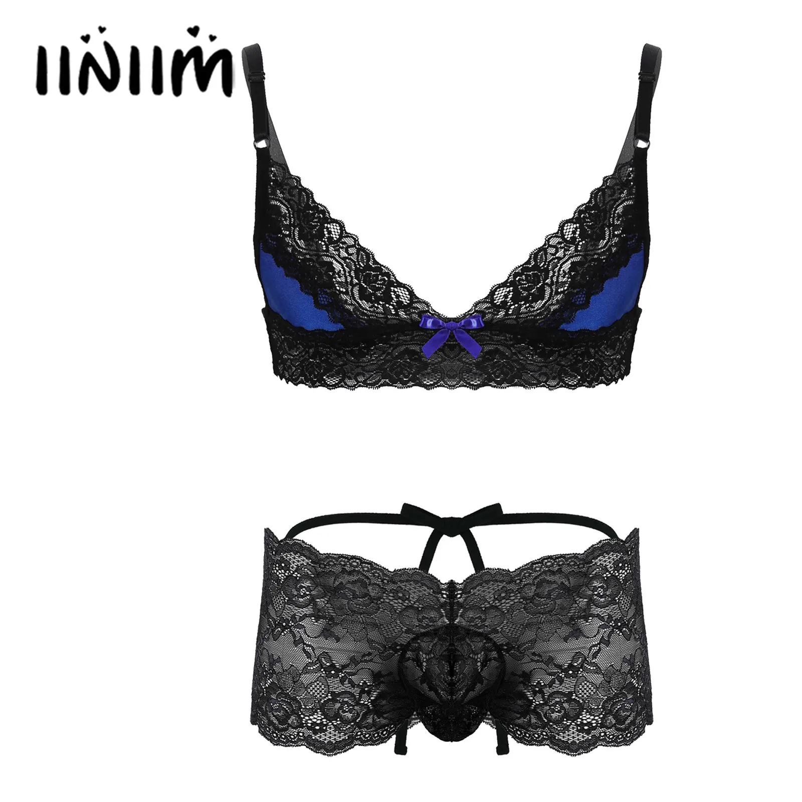 

Sissy Underwear for Gay Mens Lingerie Floral Lace Trim Sissy Clothing Wire-free Unlined Bra Tops with Bulge Pouch Underwear