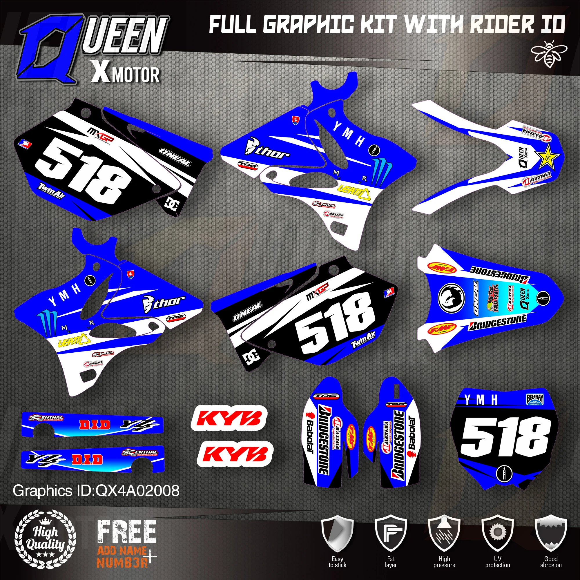 

QUEEN X MOTOR Custom Team Graphics Backgrounds Decals 3M Stickers Kit For YAMAHA 2002-2014 YZ125 YZ250 008