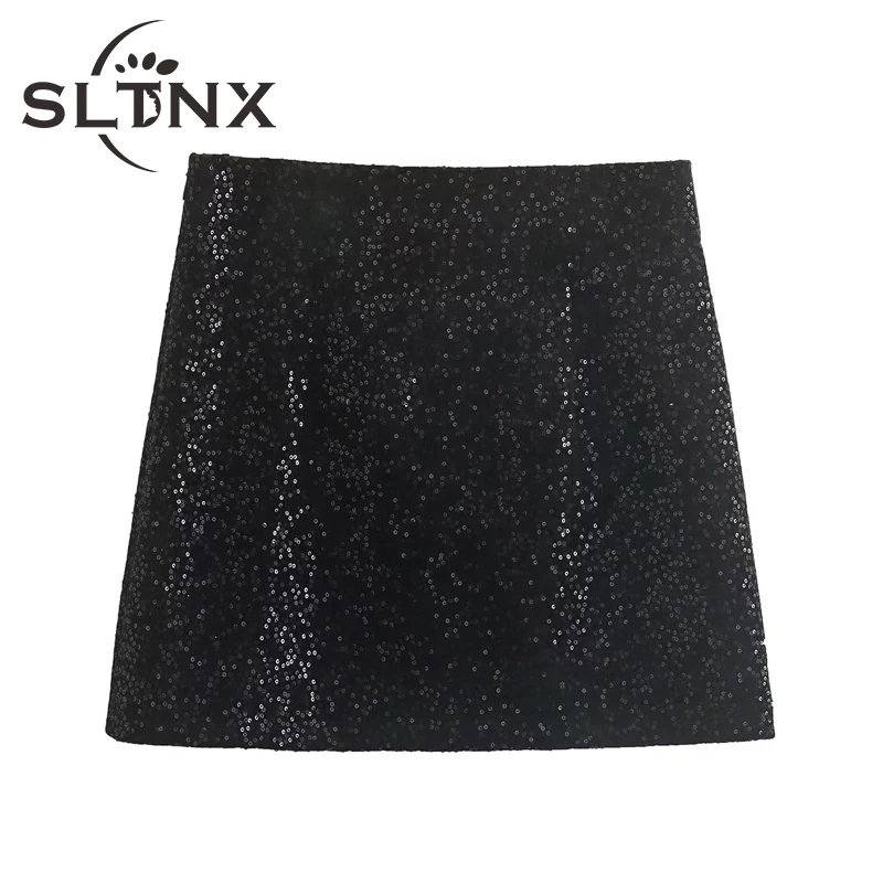 

SLTNX 2022 Summer Velvet Mini Skirt Female Black with Sequin Loose Casual Short Skirts Ladies A-Line Chic Elegant Skirt