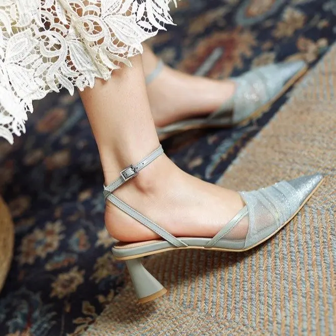 

Womens Pointed Toe Ankle Strap High Heels Closed Toe Thick Heeled Pumps Sandals Elegant Temperament Banquet Wedding Ladies Shoes