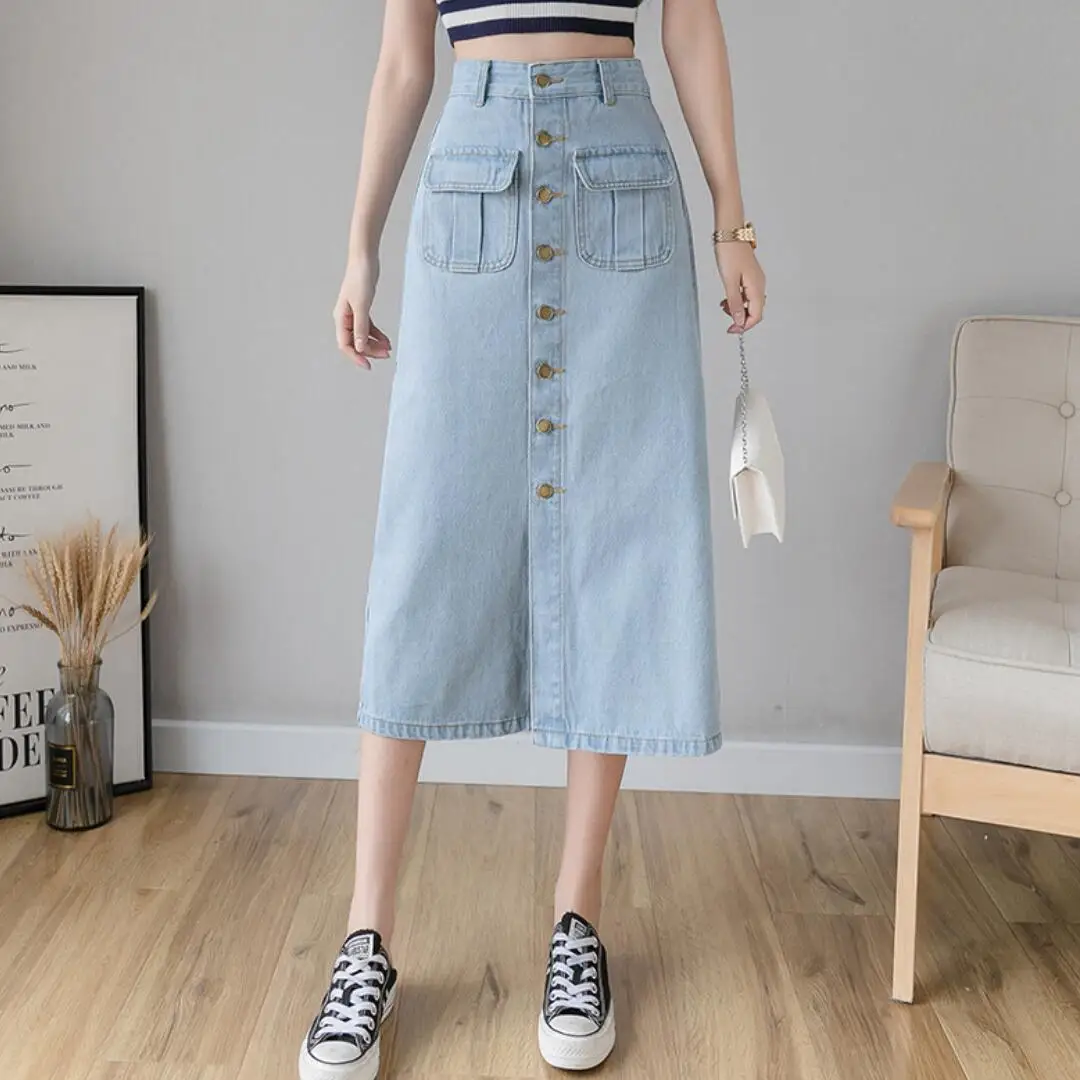 Юбка-миди женская джинсовая с застежкой спереди длинная трапециевидная