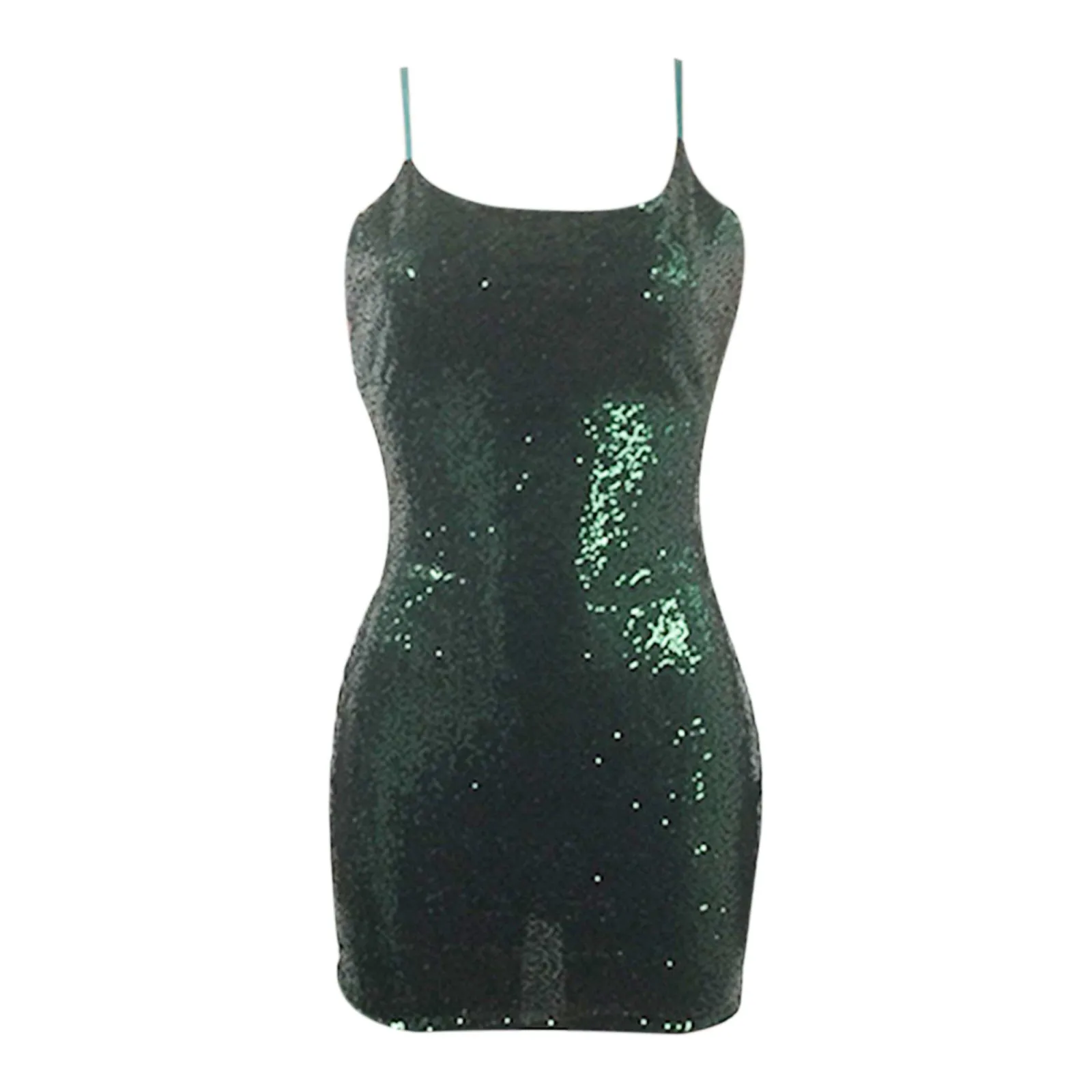 Женское коктейльное платье чистого цвета на тонких бретельках с блестками и