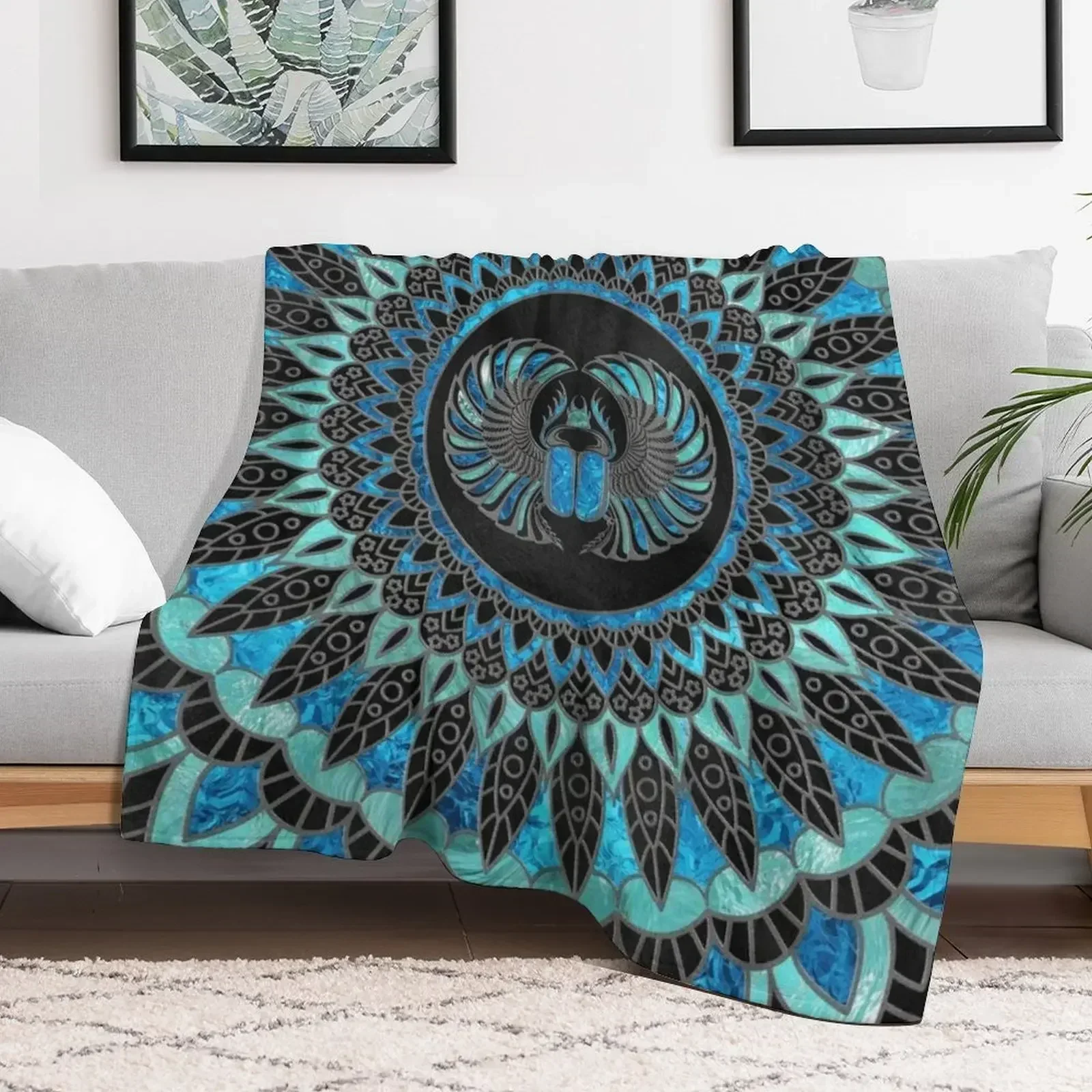 Египетский жук-скарабей - золотое и синее стеклянное одеяло мягкий плюшевый плед