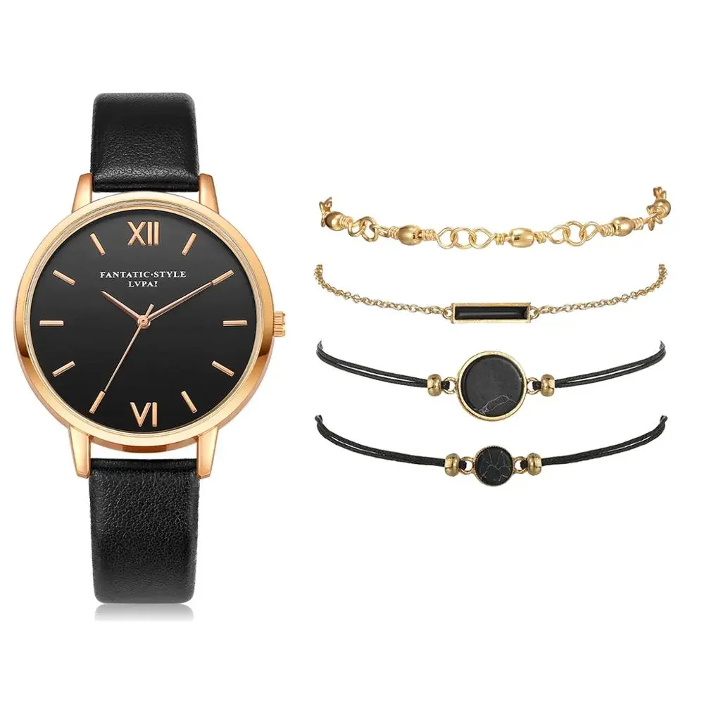 Set Women 5pcs Woman Quartz Wristwatch Leather Ladies Bracelet Luxury Watch Casual Relogio Femenino Gift For Girlfriend