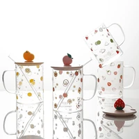 cute fruit straw glass cup transparent straw handle mug office womens home water cup flower tea cup