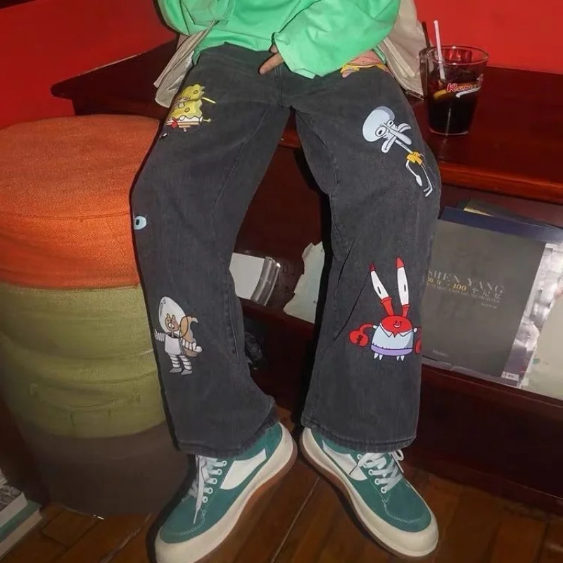 Fashion Men and Women Straight Loose Autumn Korean Style Cartoon Printed Jeans Pants Street Hip-hop Handsome Nine-point Pants