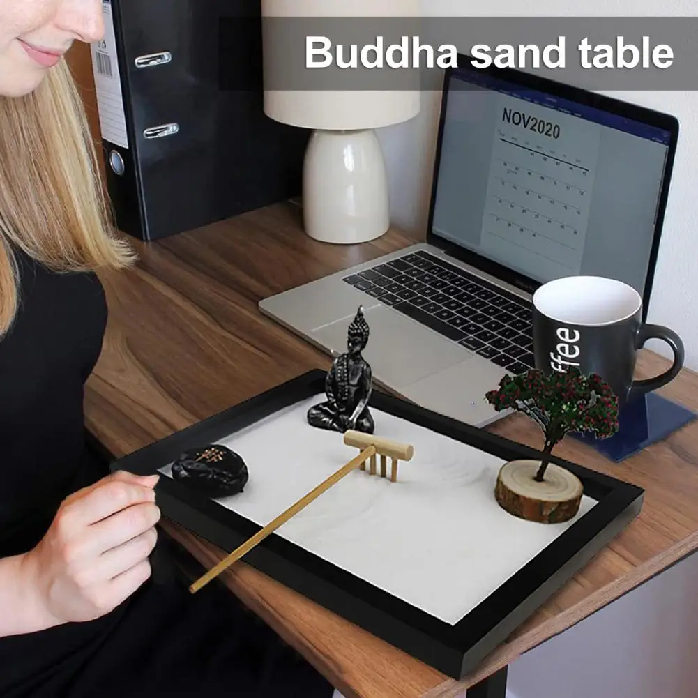 

Tranquility Sandbox Zen Buddha Statue Ornament Chinese Style Sand Tray Set with Rakes Stones Miniature Zen Model for Meditation