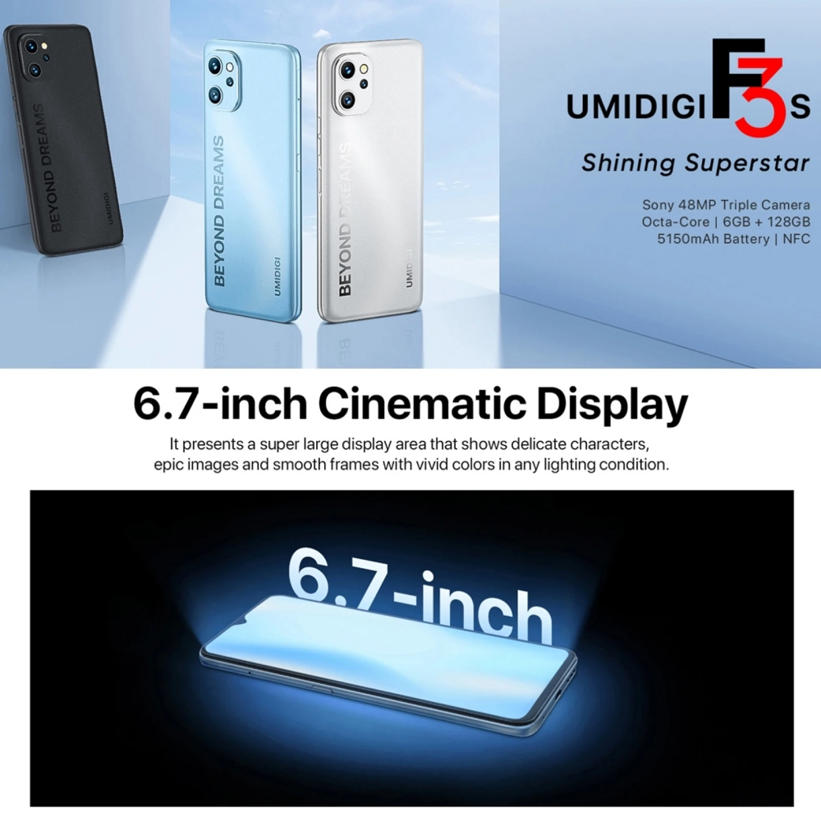 umidigi f3s global version 6 7 hd screen smartphone 6gb ram 128gb rom octa core 48mp triple camera 5150mah mobile face id nfc free global shipping