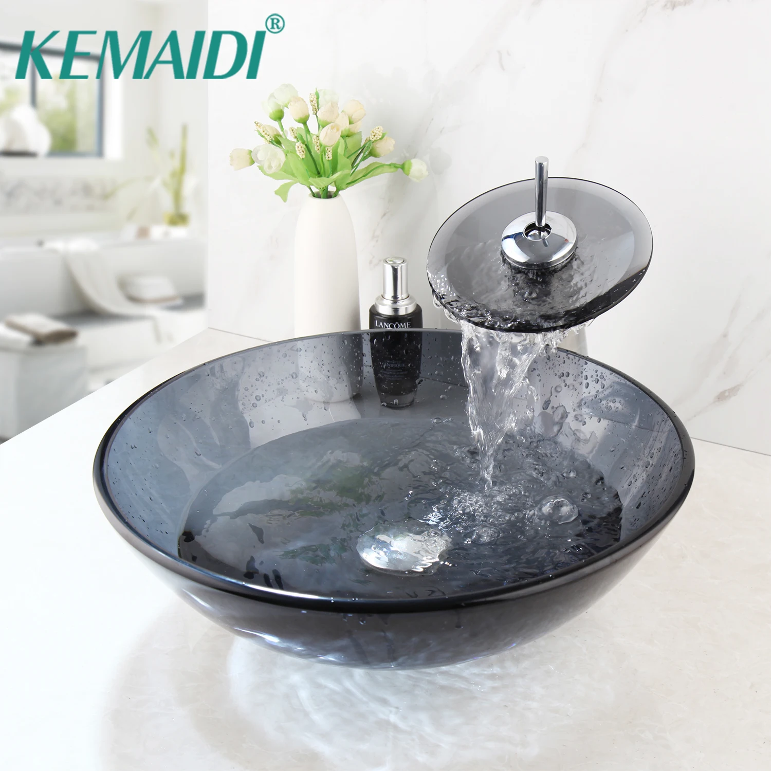 

KEMAIDI Grey Bathroom Tansparent Artistic Glass Vessel Sink Mixer Faucet & Pop Drain Combo Artistic Glass Vessel Vanity Sink Set