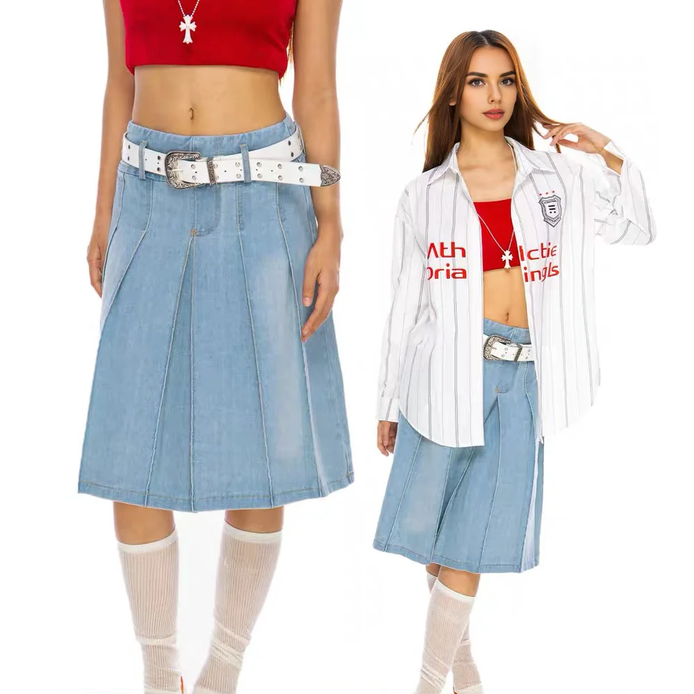 Женские винтажные плиссированные юбки y2k модель 2024 года джинсовая одежда в