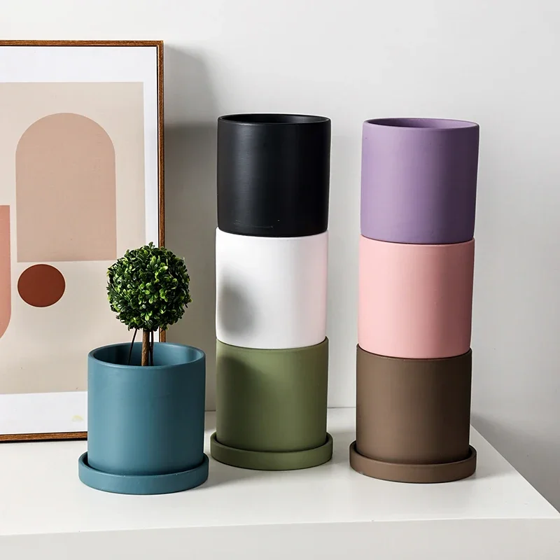 Однотонный матовый керамический цветочный горшок с подносом в скандинавском
