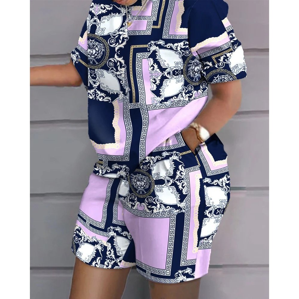 2023 Summer Women Chain Print Short Sleeve Casual Top & Pocket Design Short Set Casual 2 piece New in Suit Sets Outfits Streetwe