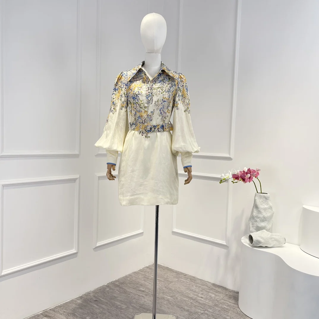 

Женское винтажное мини-платье с цветочным принтом, длинным рукавом-фонариком и поясом на талии, Новое поступление 2023