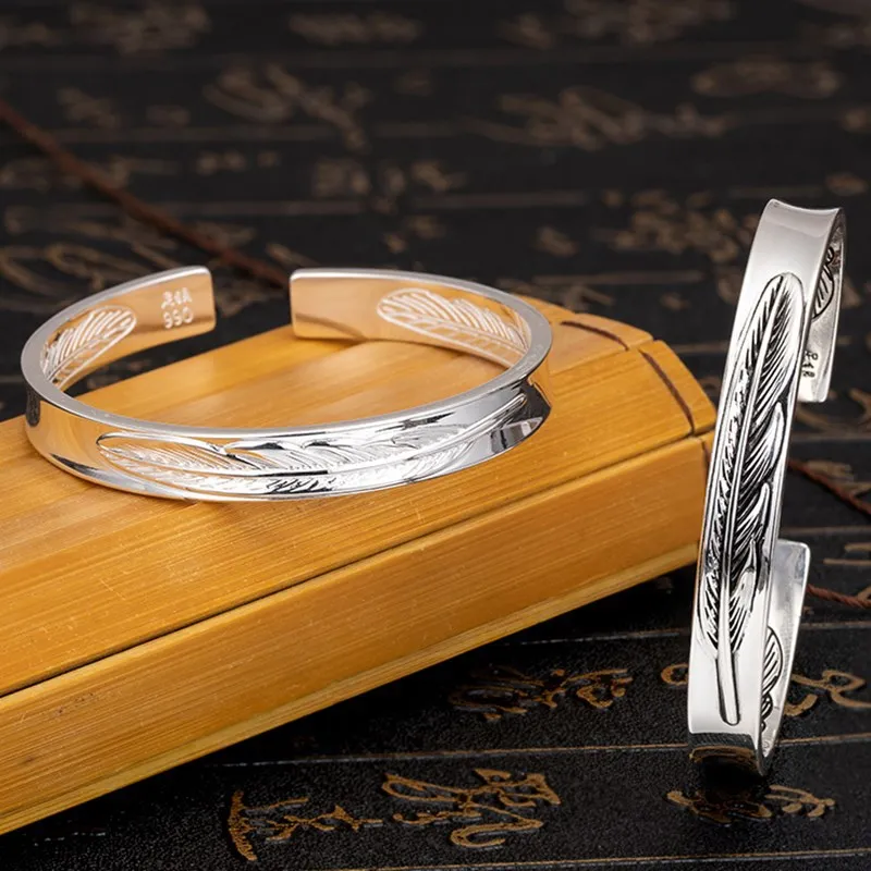 

Open Adjustable Tibetan Silver Bangle Feather Pattern Cuff Bracelet for Men Women personality Jewelry Gift Accessories Bangles