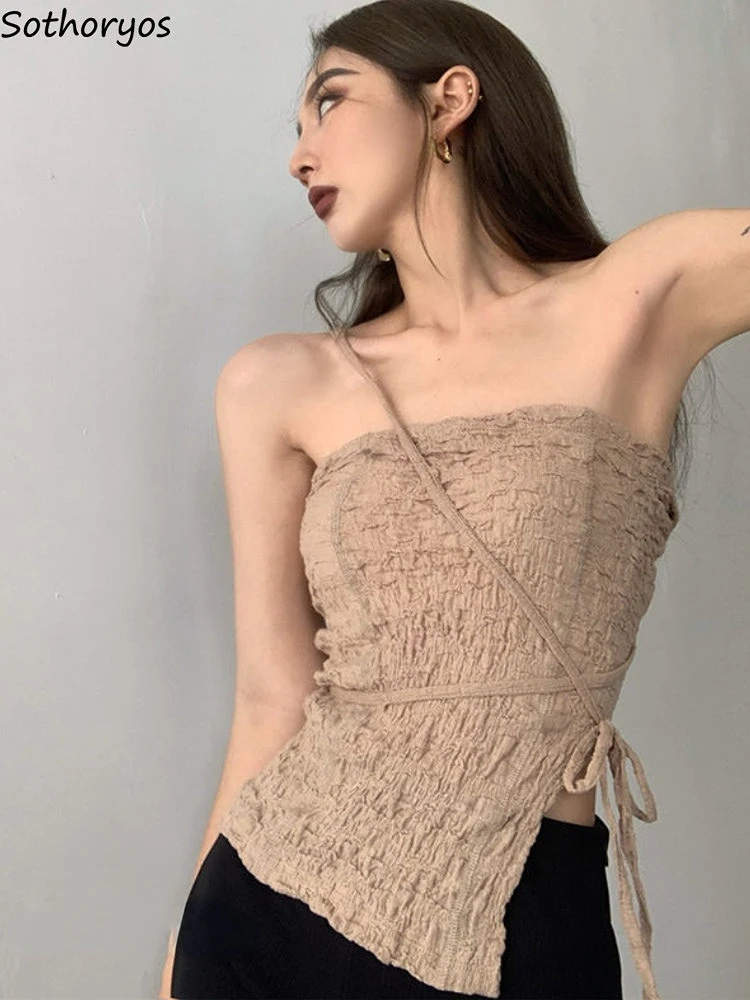 

Camisole Women Folds Ladies Designer Sexy Daily Irregular Simple Casual Cozy Korean Style Fashion All-match Summer Basic Solid